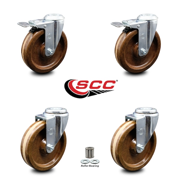 5 Inch High Temp Phenolic Swivel Bolt Hole Caster Set with 2 Total Lock Brake